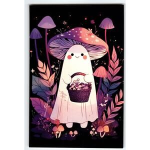 Cute Halloween Ghost Mushroom Basket Lithograph Postcard 5.5x4"